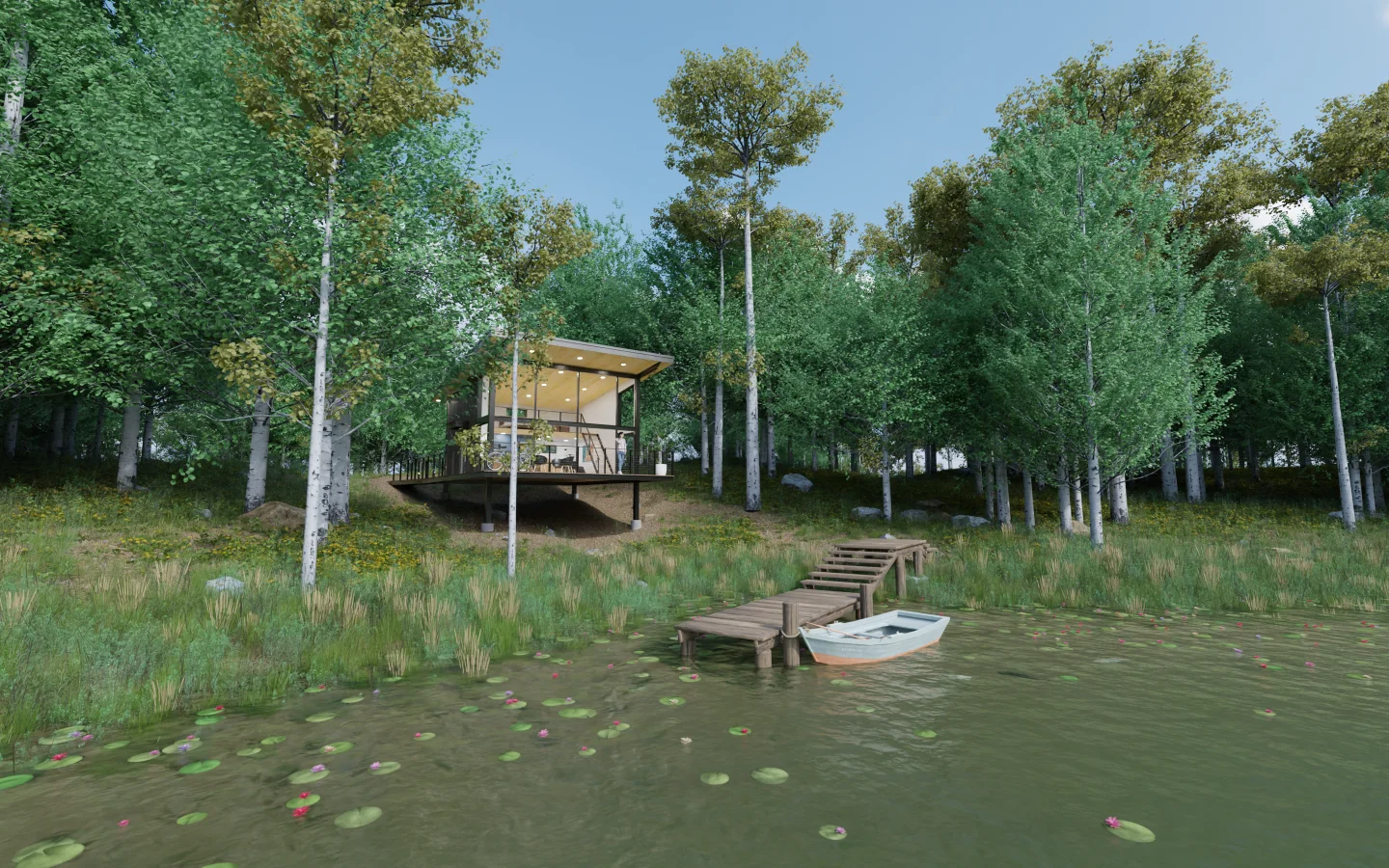 3D concept of a modern cabin in the woods facing a lake